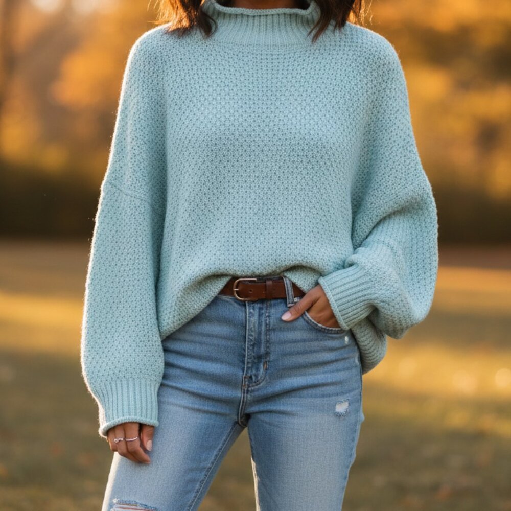 ZESICA Women’s Oversized Sweater – Light Blue – Size XL – Batwing Sleeves